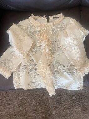 Zara Cream Lace Ruffle Neck Top